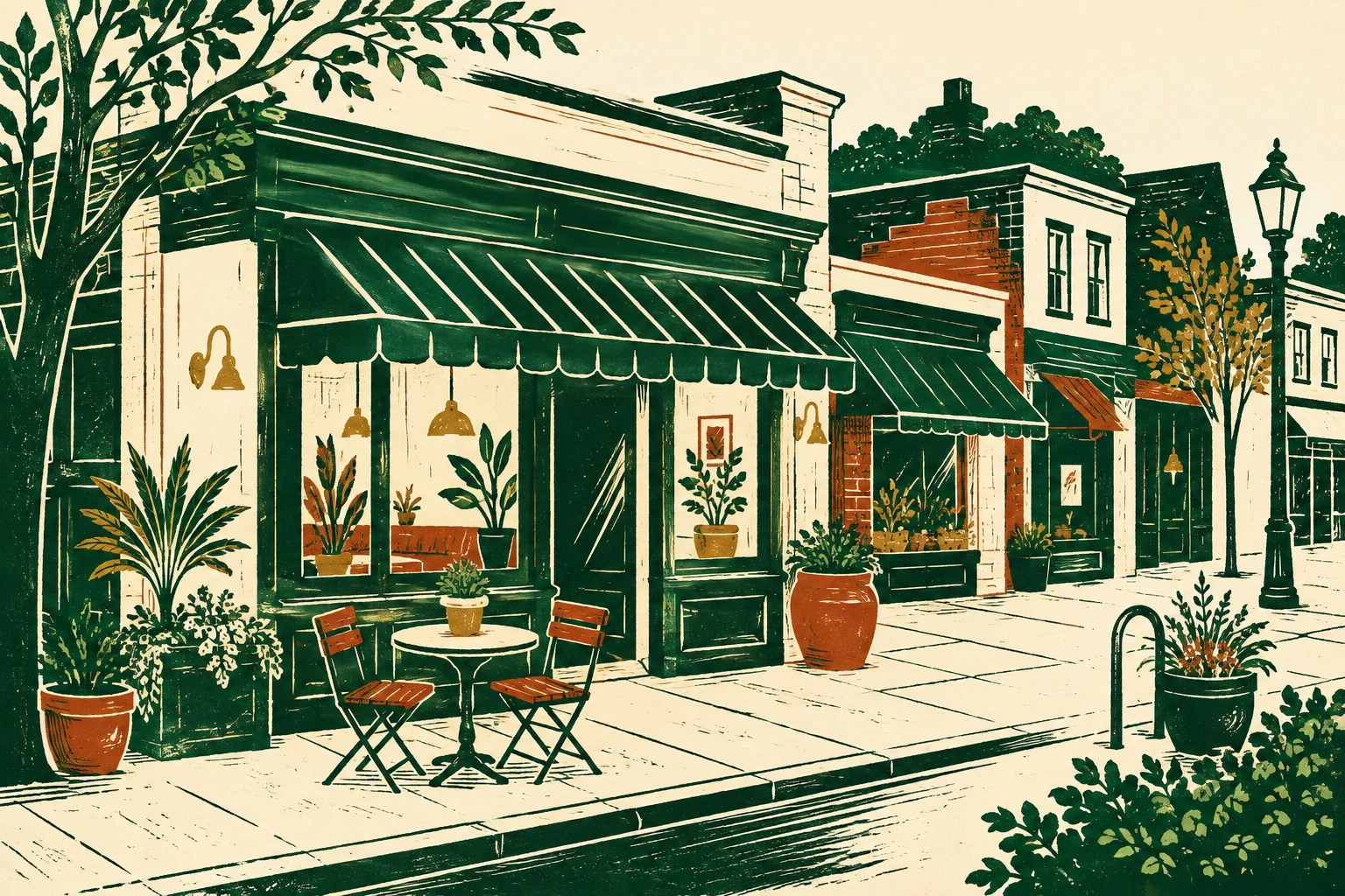 An illustrated neighborhood of independent shops and a restaurant.